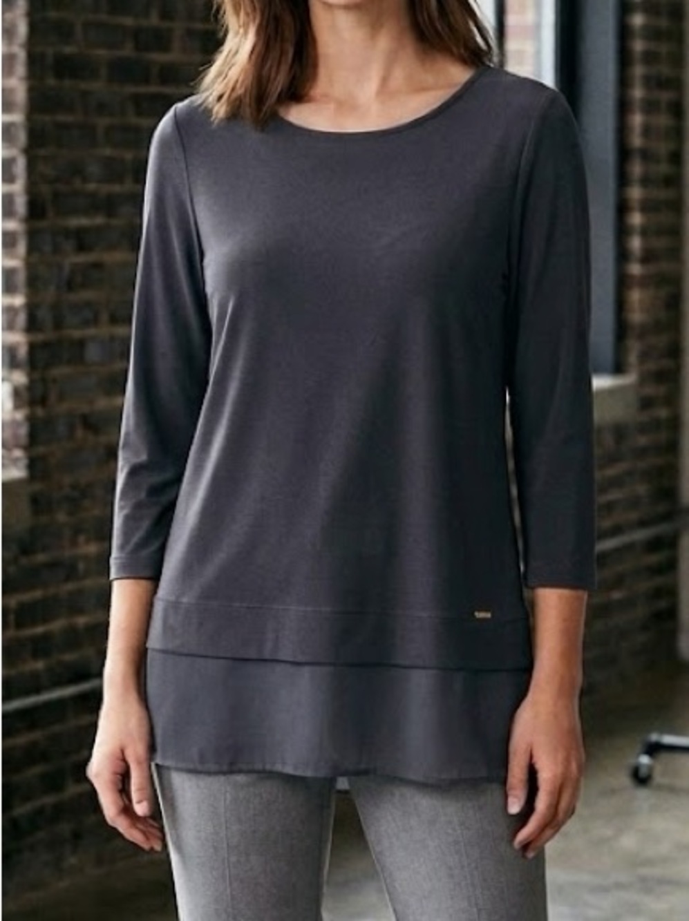 Calvin Klein Layered Hem Tunic Top Black Size M 3/4 Sleeve Chiffon Trim